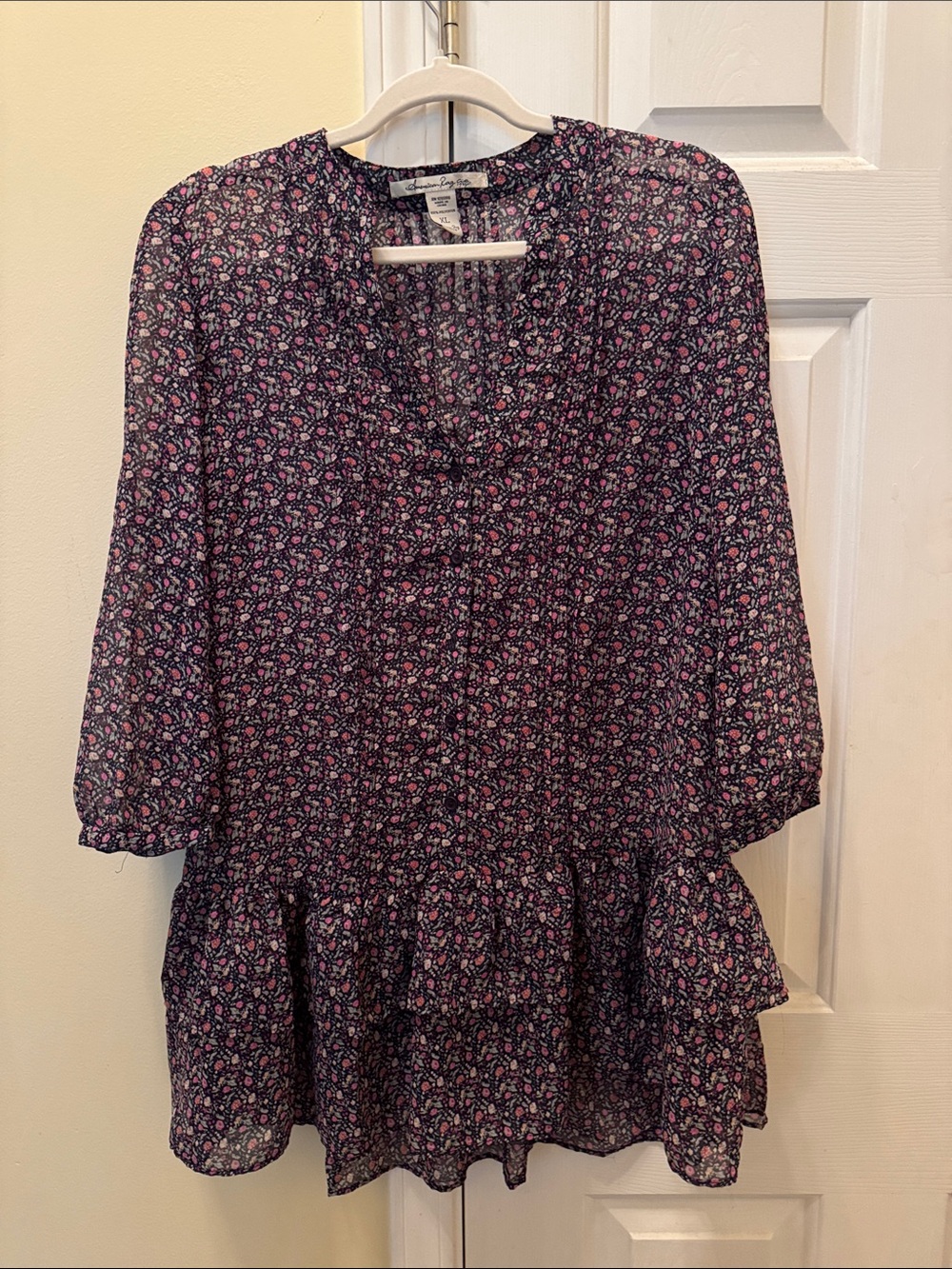 American Rag Floral Peasant Blouse in Navy and Pink